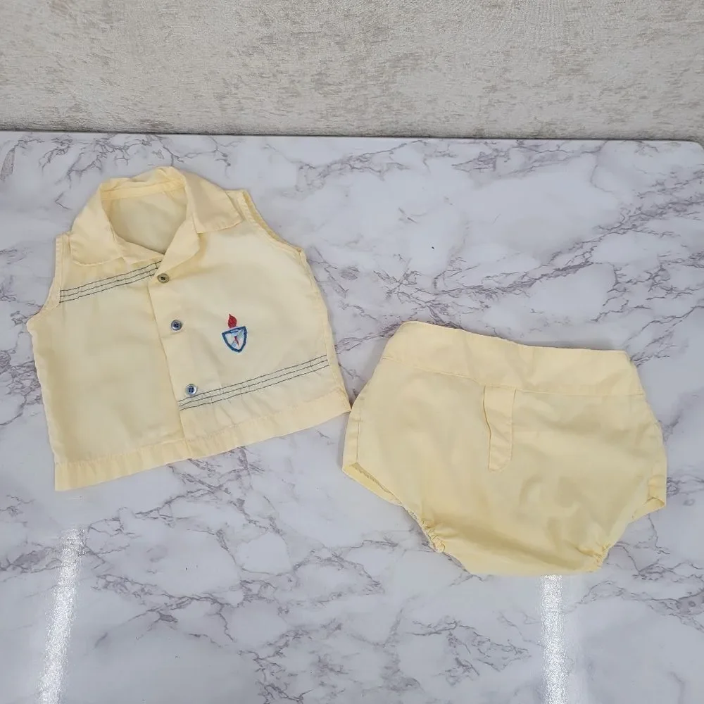 Vintage Baby Tank Top Diaper Cover Bottoms Nautical Summer Outfit Matching Set